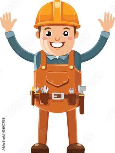 Cheerful Toolbelt Character Waving Happily