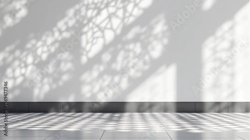 Macro of lattice shadows dancing on white walls creating ever changing modern Islamic patterns