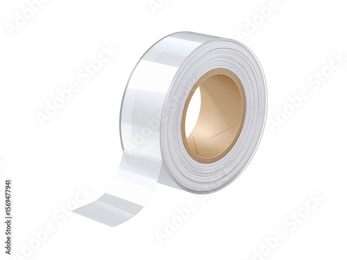 A roll of clear, transparent adhesive tape on a cardboard core, partially unwound, isolated on a white background.
