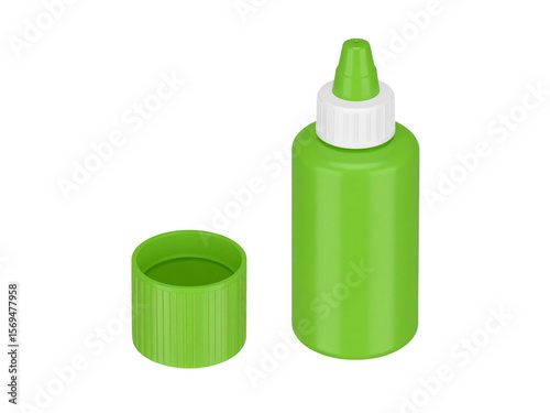 3D Bright green bottle with a pointed cap and separate lid, isolated on white.