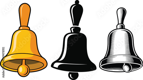 Three distinct bell icons in different styles including color silhouette and woodcut