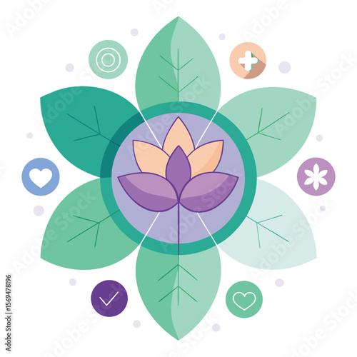 Beautiful floral illustration featuring a lotus flower and leaves with minimalist geometric icons on a white background