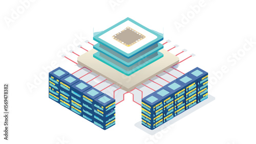 Isometric illustration of a server room with central processor and connected data storage units