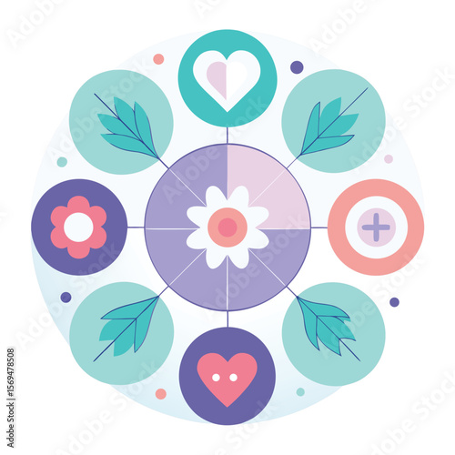 Circular floral and heart design with colorful elements creating a harmonious and artistic abstract composition