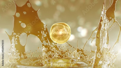A drop of collagen essence falls and creates a splash of water liquid. Concept of beauty and youth cosmetics solution.