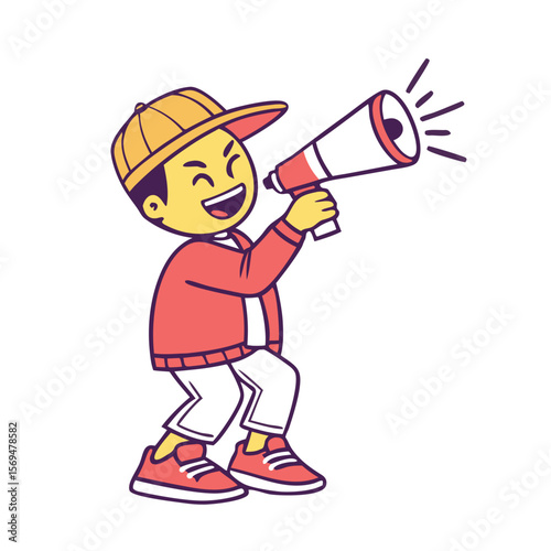Excited cartoon boy wearing a cap and jacket shouting through a megaphone