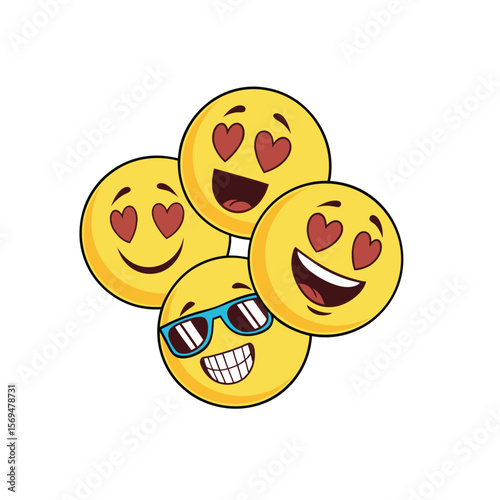 Four happy yellow emojis with heart eyes and one wearing cool sunglasses