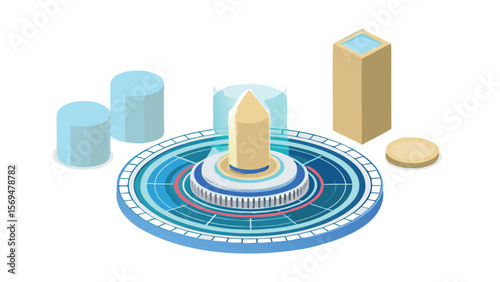 Isometric view of a futuristic platform with cylinders and a central pillar structure design