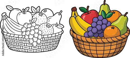 Colorful fruit basket with apples bananas grapes pears and oranges illustration