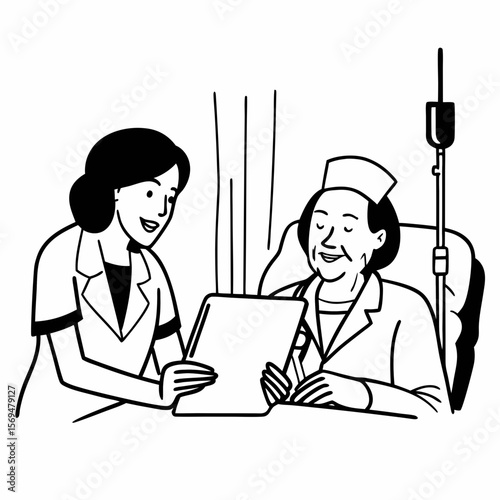 Happy female doctor and senior patient look at tablet screen discuss treatment or therapy on gadget. Smiling woman nurse and mature client use pad device discussing results in modern hospital
