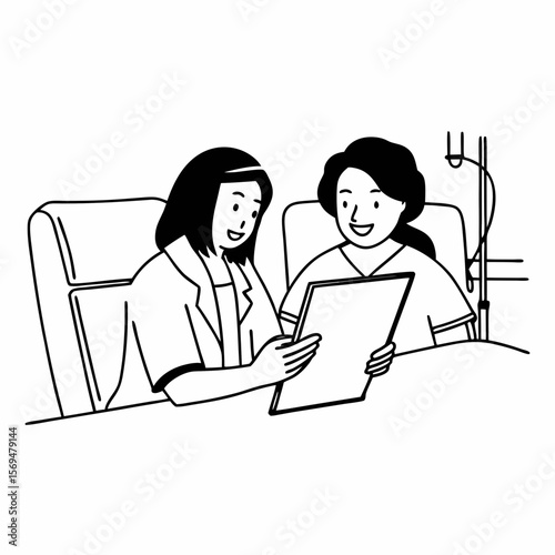 Happy female doctor and senior patient look at tablet screen discuss treatment or therapy on gadget. Smiling woman nurse and mature client use pad device discussing results in modern hospital