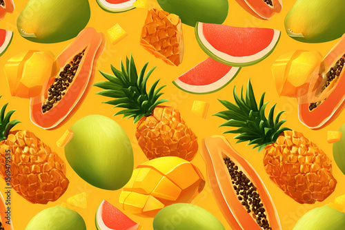 Assorted Tropical Fruits Pattern with Mango Pineapple Papaya and Watermelon