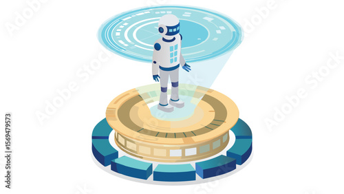 Isometric robot standing on a platform with a holographic display above it in a futuristic setting