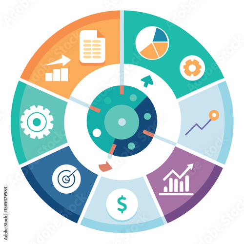 Colorful circular diagram illustrating data analysis and business strategy with white background