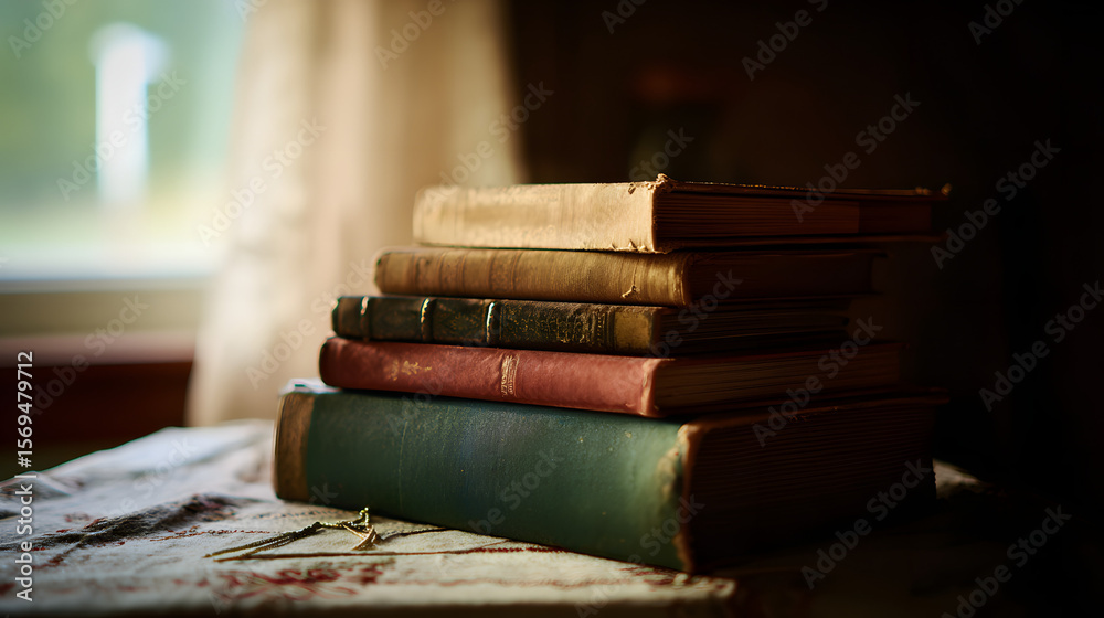 Stack of antique books on a wooden table, a timeless collection of knowledge and stories. Stack of antique books on a wooden table, a timeless collection of knowledge and stories.