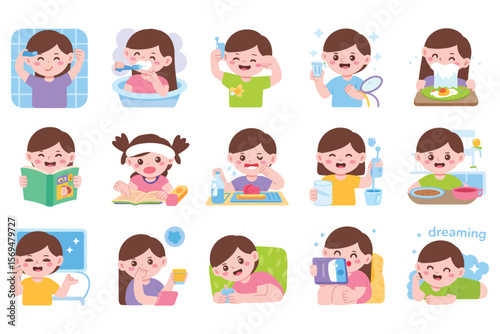 Adorable Daily Routine Illustrations Kids' Activities, Hygiene, and Fun