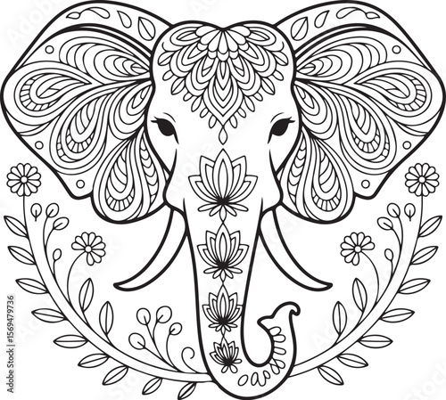 Elephant Zentangle Style | Detailed Line Art

