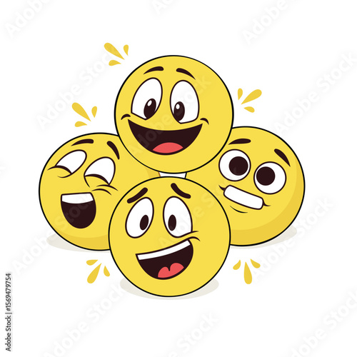 Group of happy and excited cartoon smiley faces with expressive eyes and mouths