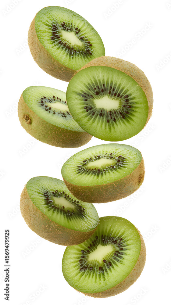 Fototapeta premium Flying kiwi and half slices isolated on transparent white background