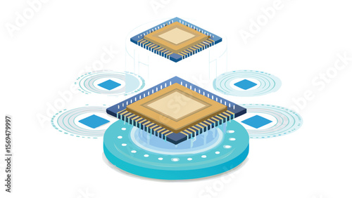 Two isometric computer chips with gold centers and blue edges floating above a blue platform
