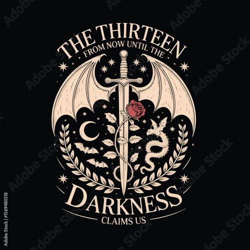 Mystical emblem featuring a sword rose dragon bats moon stars and wings with gothic text