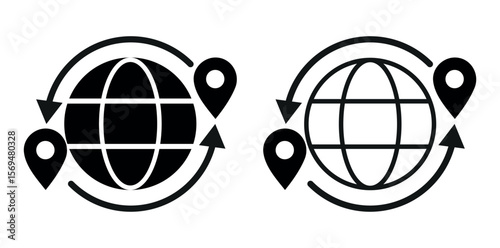 Global Shipping with Location Pins Icons – Logistics Delivery Worldwide Vector Set