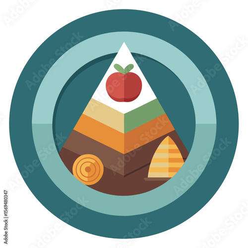 Colorful illustration of food pyramid representing healthy eating dietary guidelines and nutrition