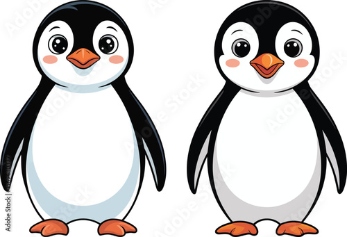 Two adorable cartoon penguins standing side by side with happy expressions