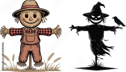 Friendly scarecrow and scary silhouette scarecrow with crow illustration