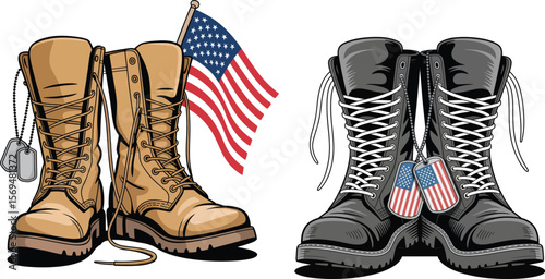Pair of military combat boots with american flag and dog tags