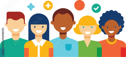 Diverse smiling people with icons and symbols group