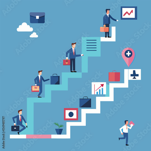 Conceptual illustration depicting business growth and career progression utilizing businessmen and stairway elements