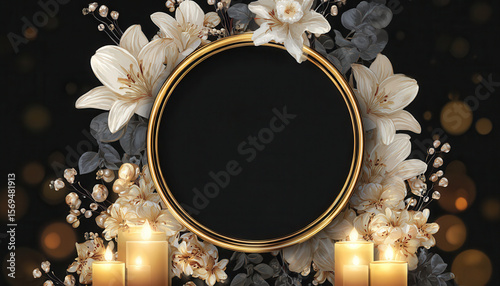Elegant white lilies and candles in various funeral announcement templates with bokeh lights.