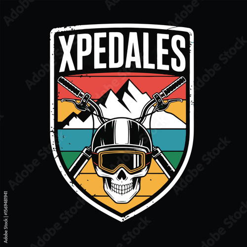 Skull with goggles and handlebars emblem featuring mountains and retro stripes