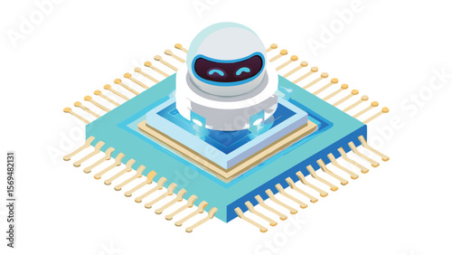 Isometric illustration of a white robot sitting on a blue and gold computer chip design element