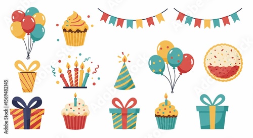 Vibrant Birthday Party Icons: Colorful Cupcakes, Balloons, Gifts, and Festive Decorations