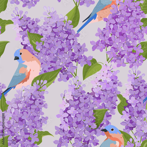 Seamless vector illustration with blooming lilac and birds. For decorating textiles, packaging.