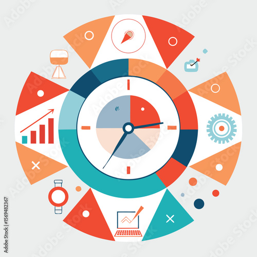 Conceptual illustration of time management and productivity with clock and related icons