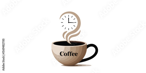 A cup of coffee with steam styled as a clock on a white background in a digital art design