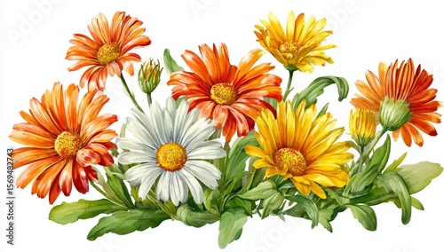 watercolor illustration of several different types of daisies featuring orange and yellow colors, against a white background, with green leaves in th.