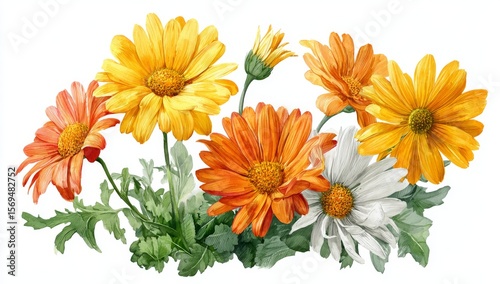 watercolor illustration of several different types of daisies featuring orange and yellow colors, against a white background, with green leaves in th.