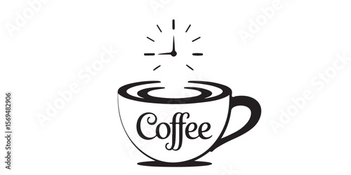 A black and white illustration of a coffee cup with a clock above it on a white background