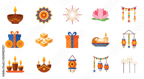 Diwali Indian Festival Celebration Icon Set