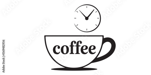 A graphic of a coffee cup with the word coffee on it and a clock above it in black and white style