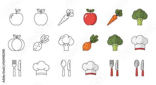Cooking Food Fruits and Vegetables Icon Set