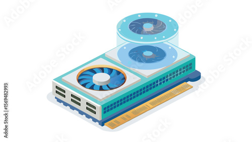 Isometric view of a graphics card with dual fans and a transparent cooling system element above it