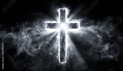 white, glowing Christian cross with light rays on dark background with smoke.