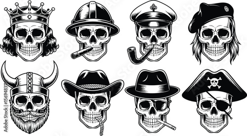 Collection of eight distinct skull illustrations wearing various hats and accessories