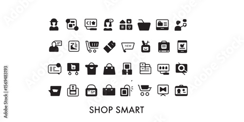 Collection of black and white e commerce icons representing online shopping and business concepts
