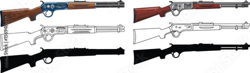 Collection of vintage lever action rifles in color line art and silhouette styles